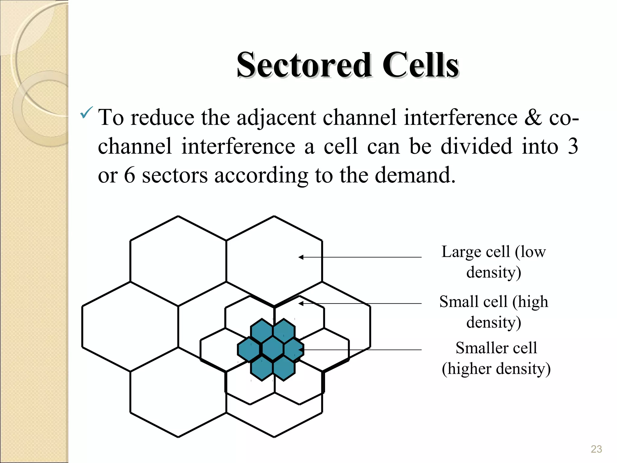 Sectored Cells
 To reduce the adjacent channel interference & co-
 channel interference a cell can be divided into 3
 or 6 sectors according to the demand.


                                    Large cell (low
                                       density)
                                    Small cell (high
                                        density)
                                      Smaller cell
                                    (higher density)



                                                       23
 