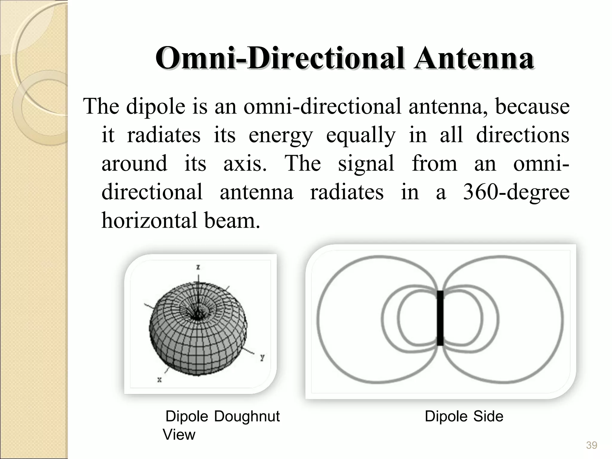 Omni-Directional Antenna
The dipole is an omni-directional antenna, because
 it radiates its energy equally in all directions
 around its axis. The signal from an omni-
 directional antenna radiates in a 360-degree
 horizontal beam.




        Dipole Doughnut            Dipole Side
        View
                                                     39
 