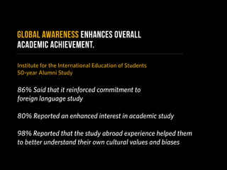 •87% Claimed that studying abroad influenced subsequent educational experiences
•86% Said that it reinforced commitment to foreign language study
•80% Reported an enhanced interest in academic study
•52% Attained graduate degrees; of those, 15% received a Ph.D, Ed.D, JD, or medical
degree
 