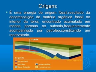Origem:
   É uma energia de origem fóssil,resultado da
    decomposição da matéria orgânica fóssil no
    interior da terra, encontrado acumulado em
    rochas porosas no subsolo,frequentemente
    acompanhado por petróleo,constituindo um
    reservatório.
 