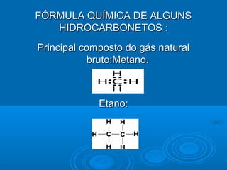 FÓRMULA QUÍMICA DE ALGUNS
   HIDROCARBONETOS :
Principal composto do gás natural
           bruto:Metano.



             Etano:
 