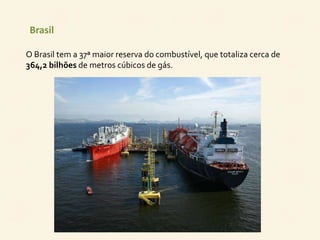 Brasil 
O Brasil tem a 37ª maior reserva do combustível, que totaliza cerca de 
364,2 bilhões de metros cúbicos de gás. 
