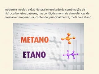 Inodoro e incolor, o Gás Natural é resultado da combinação de 
hidrocarbonetos gasosos, nas condições normais atmosféricas de 
pressão e temperatura, contendo, principalmente, metano e etano. 
 