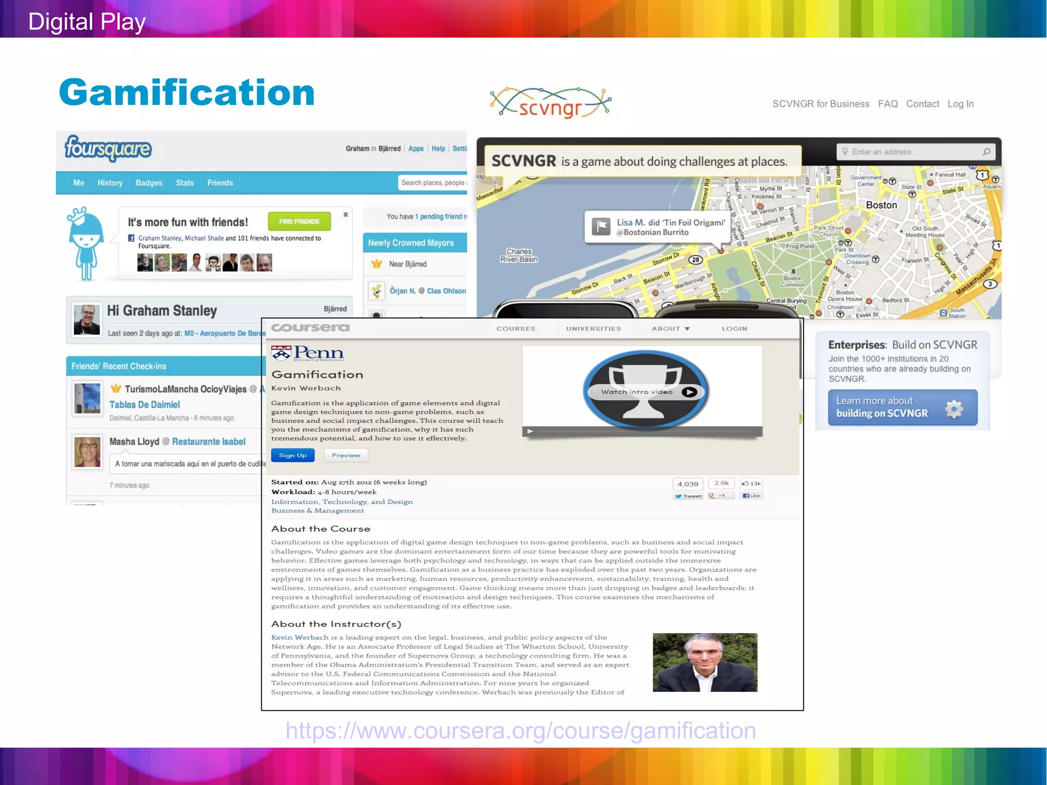 Digital Play


   Gamification




               https://www.coursera.org/course/gamification
 