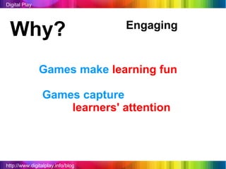 Digital Play




 Why?                              Engaging


               Games make learning fun

                Games capture
                    learners' attention



http://www.digitalplay.info/blog
 