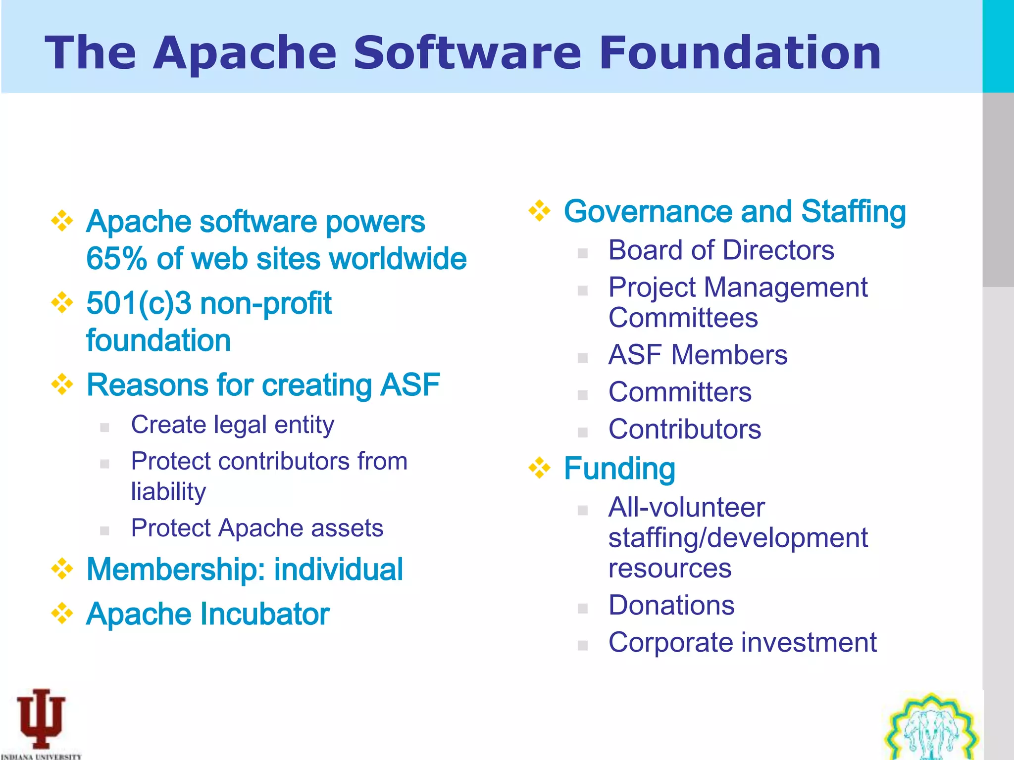 The Apache Software Foundation


 Apache software powers            Governance and Staffing
  65% of web sites worldwide             Board of Directors
                                          Project Management
 501(c)3 non-profit
                                      
                                          Committees
  foundation                             ASF Members
 Reasons for creating ASF               Committers
      Create legal entity               Contributors
      Protect contributors from    Funding
       liability
                                         All-volunteer
      Protect Apache assets              staffing/development
 Membership: individual                  resources
 Apache Incubator                       Donations
                                         Corporate investment
 