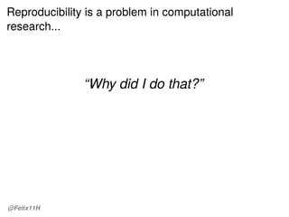 Reproducibility is a problem in computational
research...
“Why did I do that?”
@Felix11H
 