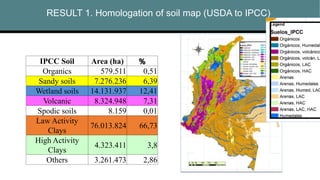 Date
RESULT 1. Homologation of soil map (USDA to IPCC)
IPCC Soil Area (ha) %
Organics 579.511 0,51
Sandy soils 7.276.236 6,39
Wetland soils 14.131.937 12,41
Volcanic 8.324.948 7,31
Spodic soils 8.159 0,01
Law Activity
Clays
76.013.824 66,73
High Activity
Clays
4.323.411 3,8
Others 3.261.473 2,86
 