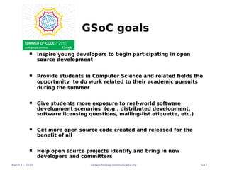 GSoC goals

           •     Inspire young developers to begin participating in open
                 source development


           •     Provide students in Computer Science and related fields the
                 opportunity to do work related to their academic pursuits
                 during the summer


           •     Give students more exposure to real-world software
                 development scenarios (e.g., distributed development,
                 software licensing questions, mailing-list etiquette, etc.)


           •     Get more open source code created and released for the
                 benefit of all


           •     Help open source projects identify and bring in new
                 developers and committers
March 11, 2010                       damencho@sip-communicator.org             5/17
 