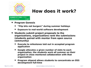How does it work?

          •      Program Genesis
                 •   “Flip bits not burgers” during summer holidays
                 •   Exposure to real-world software development

          •      Students submit project proposals to the
                 organizations, organizations rank the submissions
                 (students paired with mentor from open source
                 community)
                 •   Execute to milestones laid out in accepted program
                     application
                 •   Google allocates a given number of slots to each
                     organization, the students work all summer on their
                     project in close mentored collaboration with that
                     organization
                 •   Program stipend allows students to concentrate on OSS
                     development full-time
March 11, 2010                       damencho@sip-communicator.org           6/17
 