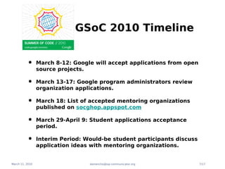 GSoC 2010 Timeline


          •      March 8-12: Google will accept applications from open
                 source projects.

          •      March 13-17: Google program administrators review
                 organization applications.

          •      March 18: List of accepted mentoring organizations
                 published on socghop.appspot.com

          •      March 29-April 9: Student applications acceptance
                 period.

          •      Interim Period: Would-be student participants discuss
                 application ideas with mentoring organizations.


March 11, 2010                    damencho@sip-communicator.org          7/17
 