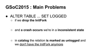 GSoC2015 : Main Problems
● ALTER TABLE ... SET LOGGED
○ if we drop the InitFork
○ and a crash occurs we're in a inconsistent state
○ in catalog the relation is marked as unlogged and
we don't have the InitFork anymore
 