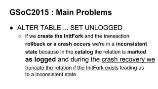 GSoC2015 : Main Problems
● ALTER TABLE ... SET UNLOGGED
○ if we create the InitFork and the transaction
rollback or a crash occurs we're in a inconsistent
state because in the catalog the relation is marked
as logged and during the crash recovery we
truncate the relation if the InitFork exists leading us
to a inconsistent state
 