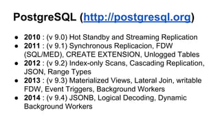 PostgreSQL (http://postgresql.org)
● 2015 : (v 9.5) INSERT … ON CONFLICT UPDATE
(upsert), IMPORT FOREIGN SCHEMA, ALTER TAB...