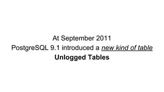 What means “Unlogged”?
First we need to know what means “WAL”
PostgreSQL is Full-ACID and to guarantee data
integrity uses...