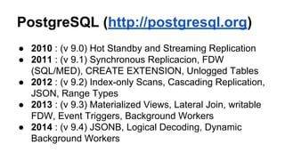 PostgreSQL (http://postgresql.org)
● 2010 : (v 9.0) Hot Standby and Streaming Replication
● 2011 : (v 9.1) Synchronous Replicacion, FDW
(SQL/MED), CREATE EXTENSION, Unlogged Tables
● 2012 : (v 9.2) Index-only Scans, Cascading Replication,
JSON, Range Types
● 2013 : (v 9.3) Materialized Views, Lateral Join, writable
FDW, Event Triggers, Background Workers
● 2014 : (v 9.4) JSONB, Logical Decoding, Dynamic
Background Workers
 