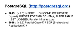 PostgreSQL (http://postgresql.org)
● 2015 : (v 9.5) INSERT … ON CONFLICT UPDATE
(upsert), IMPORT FOREIGN SCHEMA, ALTER TABLE
.. SET LOGGED, Parallel Infrastructure
● 2016 : (v 9.6) Parallel Query??? BDR (Bi-directional
Replication)???
 