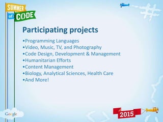 Participating projects
•Programming Languages
•Video, Music, TV, and Photography
•Code Design, Development & Management
•Humanitarian Efforts
•Content Management
•Biology, Analytical Sciences, Health Care
•And More!
 