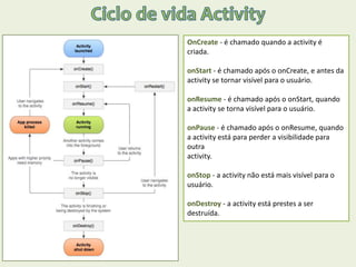 OnCreate - é chamado quando a activity é
criada.
onStart - é chamado após o onCreate, e antes da
activity se tornar visível para o usuário.
onResume - é chamado após o onStart, quando
a activity se torna visível para o usuário.
onPause - é chamado após o onResume, quando
a activity está para perder a visibilidade para
outra
activity.
onStop - a activity não está mais visível para o
usuário.
onDestroy - a activity está prestes a ser
destruída.
 