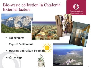 202023/10/2014
Bio-waste collection in Catalonia:
External factors
• Topography
• Type of Settlement
• Climate
• Housing and Urban Structure
 
