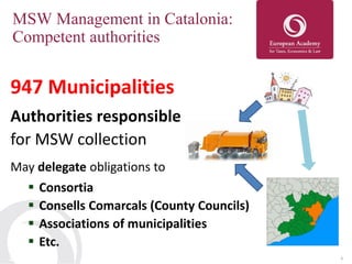 4
MSW Management in Catalonia:
Competent authorities
4
947 Municipalities
Authorities responsible
for MSW collection
May delegate obligations to
 Consortia
 Consells Comarcals (County Councils)
 Associations of municipalities
 Etc.
23/10/2014
 