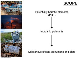 Potentially harmful elements
(PHE)
Inorganic pollutants
Deleterious effects on humans and biota
Source:pixabay.com
SCOPE
 