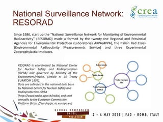Since 1986, start up the “National Surveillance Network for Monitoring of Environmental
Radioactivity” (RESORAD) made a formed by the twenty-one Regional and Provincial
Agencies for Environmental Protection (Laboratories ARPA/APPA), the Italian Red Cross
(Environmental Radioactivity Measurements Service) and three Experimental
Zooprophylactic Institutes.
National Surveillance Network:
RESORAD
RESORAD is coordinated by National Center
for Nuclear Safety and Radioprotection
(ISPRA) and governed by Ministry of the
Environment/Health. (Article n. 35 Treaty
EURATOM 1957).
Data are collected in the national data base
by National Center for Nuclear Safety and
Radioprotection-ISPRA
(http://www.radia.apat.it/radia) and sent
annually to the European Commission
Platform (https://eurdep.jrc.ec.europa.eu)
 
