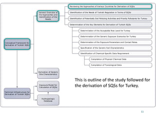Conceptual Framework for
Derivation of Turkish SQSs
Reviewing the Approaches of Various Countries for Derivation of SQSs
Identification of Potentially Soil Polluting Activities and Priority Pollutants for Turkey
Determination of the Key Elements for Derivation of Turkish SQSs
Technical Infrastructure for
Derivation of Turkish SQSs
Exposure Model for
Calculation of SQSs
General Overview of
the Approaches and
Identification of the
Needs
Derivation of Generic
Site Characteristics
Hydrogeologic
Database
Determination of the Acceptable Risk Level for Turkey
Determination of the Exposure Parameters and Contact Rates
Identification of Chemical-Specific Data Requirement
Compilation of Physical-Chemical Data
Compilation of Toxicological Data
Determination of the Generic Exposure Scenarios for Turkey
Identification of the Needs of Turkish Regulation in Terms of SQSs
Specification of the Generic Soil Characteristics
11
This is outline of the study followed for
the derivation of SQSs for Turkey.
 