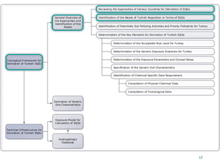Conceptual Framework for
Derivation of Turkish SQSs
Reviewing the Approaches of Various Countries for Derivation of SQSs
Identification of Potentially Soil Polluting Activities and Priority Pollutants for Turkey
Determination of the Key Elements for Derivation of Turkish SQSs
Technical Infrastructure for
Derivation of Turkish SQSs
Exposure Model for
Calculation of SQSs
General Overview of
the Approaches and
Identification of the
Needs
Derivation of Generic
Site Characteristics
Hydrogeologic
Database
Determination of the Acceptable Risk Level for Turkey
Determination of the Exposure Parameters and Contact Rates
Identification of Chemical-Specific Data Requirement
Compilation of Physical-Chemical Data
Compilation of Toxicological Data
Determination of the Generic Exposure Scenarios for Turkey
Identification of the Needs of Turkish Regulation in Terms of SQSs
Specification of the Generic Soil Characteristics
12
 
