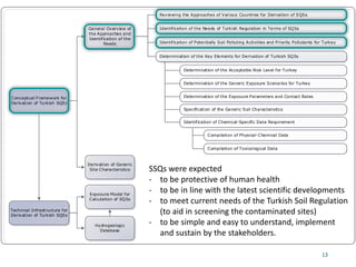 Conceptual Framework for
Derivation of Turkish SQSs
Reviewing the Approaches of Various Countries for Derivation of SQSs
Identification of Potentially Soil Polluting Activities and Priority Pollutants for Turkey
Determination of the Key Elements for Derivation of Turkish SQSs
Technical Infrastructure for
Derivation of Turkish SQSs
Exposure Model for
Calculation of SQSs
General Overview of
the Approaches and
Identification of the
Needs
Derivation of Generic
Site Characteristics
Hydrogeologic
Database
Determination of the Acceptable Risk Level for Turkey
Determination of the Exposure Parameters and Contact Rates
Identification of Chemical-Specific Data Requirement
Compilation of Physical-Chemical Data
Compilation of Toxicological Data
Determination of the Generic Exposure Scenarios for Turkey
Identification of the Needs of Turkish Regulation in Terms of SQSs
Specification of the Generic Soil Characteristics
13
SSQs were expected
- to be protective of human health
- to be in line with the latest scientific developments
- to meet current needs of the Turkish Soil Regulation
(to aid in screening the contaminated sites)
- to be simple and easy to understand, implement
and sustain by the stakeholders.
 