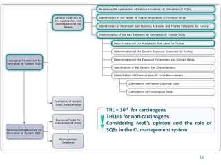 Conceptual Framework for
Derivation of Turkish SQSs
Reviewing the Approaches of Various Countries for Derivation of SQSs
Identification of Potentially Soil Polluting Activities and Priority Pollutants for Turkey
Determination of the Key Elements for Derivation of Turkish SQSs
Technical Infrastructure for
Derivation of Turkish SQSs
Exposure Model for
Calculation of SQSs
General Overview of
the Approaches and
Identification of the
Needs
Derivation of Generic
Site Characteristics
Hydrogeologic
Database
Determination of the Acceptable Risk Level for Turkey
Determination of the Exposure Parameters and Contact Rates
Identification of Chemical-Specific Data Requirement
Compilation of Physical-Chemical Data
Compilation of Toxicological Data
Determination of the Generic Exposure Scenarios for Turkey
Identification of the Needs of Turkish Regulation in Terms of SQSs
Specification of the Generic Soil Characteristics
16
TRL = 10-6 for carcinogens
THQ=1 for non-carcinogens
Considering MoE’s opinion and the role of
SQSs in the CL management system
 