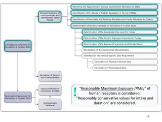 Conceptual Framework for
Derivation of Turkish SQSs
Reviewing the Approaches of Various Countries for Derivation of SQSs
Identification of Potentially Soil Polluting Activities and Priority Pollutants for Turkey
Determination of the Key Elements for Derivation of Turkish SQSs
Technical Infrastructure for
Derivation of Turkish SQSs
Exposure Model for
Calculation of SQSs
General Overview of
the Approaches and
Identification of the
Needs
Derivation of Generic
Site Characteristics
Hydrogeologic
Database
Determination of the Acceptable Risk Level for Turkey
Determination of the Exposure Parameters and Contact Rates
Identification of Chemical-Specific Data Requirement
Compilation of Physical-Chemical Data
Compilation of Toxicological Data
Determination of the Generic Exposure Scenarios for Turkey
Identification of the Needs of Turkish Regulation in Terms of SQSs
Specification of the Generic Soil Characteristics
18
“Reasonable Maximum Exposure (RME)” of
human receptors is considered.
“Reasonably conservative values for intake and
duration” are considered.
 