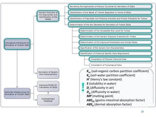 Conceptual Framework for
Derivation of Turkish SQSs
Reviewing the Approaches of Various Countries for Derivation of SQSs
Identification of Potentially Soil Polluting Activities and Priority Pollutants for Turkey
Determination of the Key Elements for Derivation of Turkish SQSs
Technical Infrastructure for
Derivation of Turkish SQSs
Exposure Model for
Calculation of SQSs
General Overview of
the Approaches and
Identification of the
Needs
Derivation of Generic
Site Characteristics
Hydrogeologic
Database
Determination of the Acceptable Risk Level for Turkey
Determination of the Exposure Parameters and Contact Rates
Identification of Chemical-Specific Data Requirement
Compilation of Physical-Chemical Data
Compilation of Toxicological Data
Determination of the Generic Exposure Scenarios for Turkey
Identification of the Needs of Turkish Regulation in Terms of SQSs
Specification of the Generic Soil Characteristics
20
Koc (soil-organic carbon partition coefficient)
Kd (soil-water partition coefficient)
H' (Henry's law constant)
S (solubility in water)
Di (diffusivity in air)
Dw (diffusivity in water)
MP (melting point)
ABSGI (gastro intestinal absorption factor)
ABSd (dermal absorption factor)
 