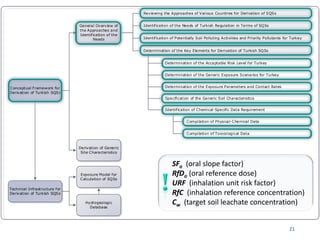 Conceptual Framework for
Derivation of Turkish SQSs
Reviewing the Approaches of Various Countries for Derivation of SQSs
Identification of Potentially Soil Polluting Activities and Priority Pollutants for Turkey
Determination of the Key Elements for Derivation of Turkish SQSs
Technical Infrastructure for
Derivation of Turkish SQSs
Exposure Model for
Calculation of SQSs
General Overview of
the Approaches and
Identification of the
Needs
Derivation of Generic
Site Characteristics
Hydrogeologic
Database
Determination of the Acceptable Risk Level for Turkey
Determination of the Exposure Parameters and Contact Rates
Identification of Chemical-Specific Data Requirement
Compilation of Physical-Chemical Data
Compilation of Toxicological Data
Determination of the Generic Exposure Scenarios for Turkey
Identification of the Needs of Turkish Regulation in Terms of SQSs
Specification of the Generic Soil Characteristics
21
SFo (oral slope factor)
RfDo (oral reference dose)
URF (inhalation unit risk factor)
RfC (inhalation reference concentration)
Cw (target soil leachate concentration)
 
