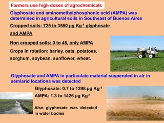 Glyphosate and aminomethylphosphonic acid (AMPA) was
determined in agricultural soils in Southeast of Buenos Aires
Cropped soils: 725 to 3550 µg Kg-1 glyphosate
and AMPA
Non cropped soils: 0 to 48, only AMPA
Crops in rotation: barley, oats, potatoes,
sorghum, soybean, sunflower, wheat.
Glyphosate and AMPA in particulate material suspended in air in
semiarid locations was detected
Glyphosate: 0.7 to 1298 µg Kg-1
AMPA: 1.3 to 1426 µg Kg-1
Farmers use high doses of agrochemicals
Also glyphosate was detected
in water bodies
 