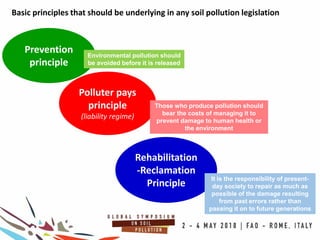 Prevention
principle
Polluter pays
principle
(liability regime)
Rehabilitation
-Reclamation
Principle
Environmental pollution should
be avoided before it is released
Those who produce pollution should
bear the costs of managing it to
prevent damage to human health or
the environment
It is the responsibility of present-
day society to repair as much as
possible of the damage resulting
from past errors rather than
passing it on to future generations
Basic principles that should be underlying in any soil pollution legislation
 