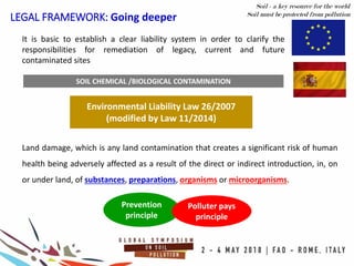 LEGAL FRAMEWORK: Going deeper
Environmental Liability Law 26/2007
(modified by Law 11/2014)
Soil - a key resource for the world
Soil must be protected from pollution
Land damage, which is any land contamination that creates a significant risk of human
health being adversely affected as a result of the direct or indirect introduction, in, on
or under land, of substances, preparations, organisms or microorganisms.
SOIL CHEMICAL /BIOLOGICAL CONTAMINATION
Prevention
principle
Polluter pays
principle
It is basic to establish a clear liability system in order to clarify the
responsibilities for remediation of legacy, current and future
contaminated sites
 
