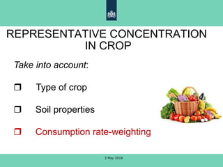 REPRESENTATIVE CONCENTRATION
IN CROP
Take into account:
 Type of crop
 Soil properties
 Consumption rate-weighting
3 May 2018
 