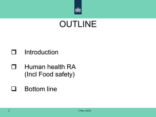 3 May 20182
OUTLINE
 Introduction
 Human health RA
(Incl Food safety)
 Bottom line
 