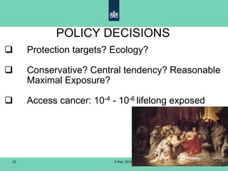 3 May 201832
POLICY DECISIONS
 Protection targets? Ecology?
 Conservative? Central tendency? Reasonable
Maximal Exposure?
 Access cancer: 10-4 - 10-6 lifelong exposed
 