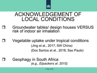 ACKNOWLEDGEMENT OF
LOCAL CONDITIONS
 Groundwater tables/ design houses VERSUS
risk of indoor air inhalation
 Vegetable uptake under tropical conditions
(Jing et al., 2017; SW China)
(Dos Santos et al., 2018; Sao Paulo)
 Geophagy in South Africa
(e.g., Eijsackers al. 2015)
3 May 2018
 