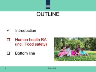 3 May 20186
OUTLINE
 Introduction
 Human health RA
(incl. Food safety)
 Bottom line
 