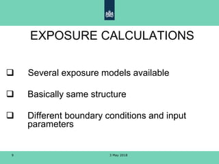 3 May 20189
EXPOSURE CALCULATIONS

 Several exposure models available
 Basically same structure
 Different boundary conditions and input
parameters
 
