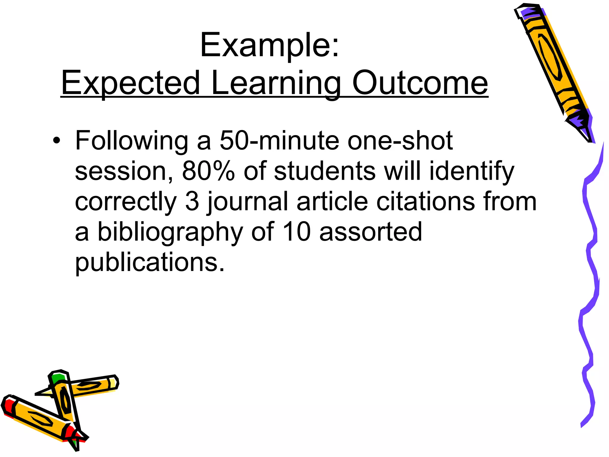 Example:  Expected Learning Outcome Following a 50-minute one-shot session, 80% of students will identify correctly 3 journal article citations from a bibliography of 10 assorted publications. 