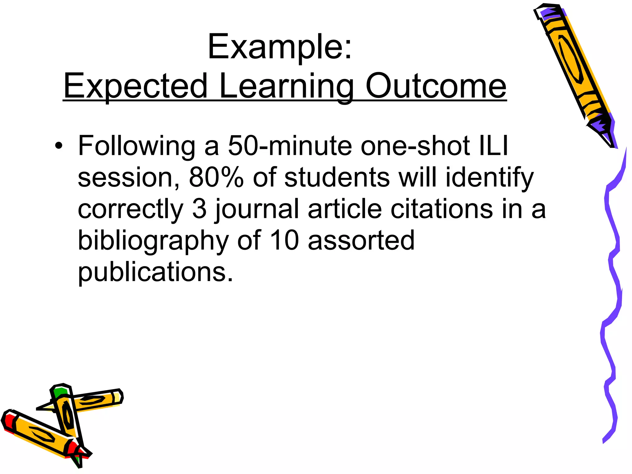 Example:  Expected Learning Outcome Following a 50-minute one-shot ILI session, 80% of students will identify correctly 3 journal article citations in a bibliography of 10 assorted publications. 