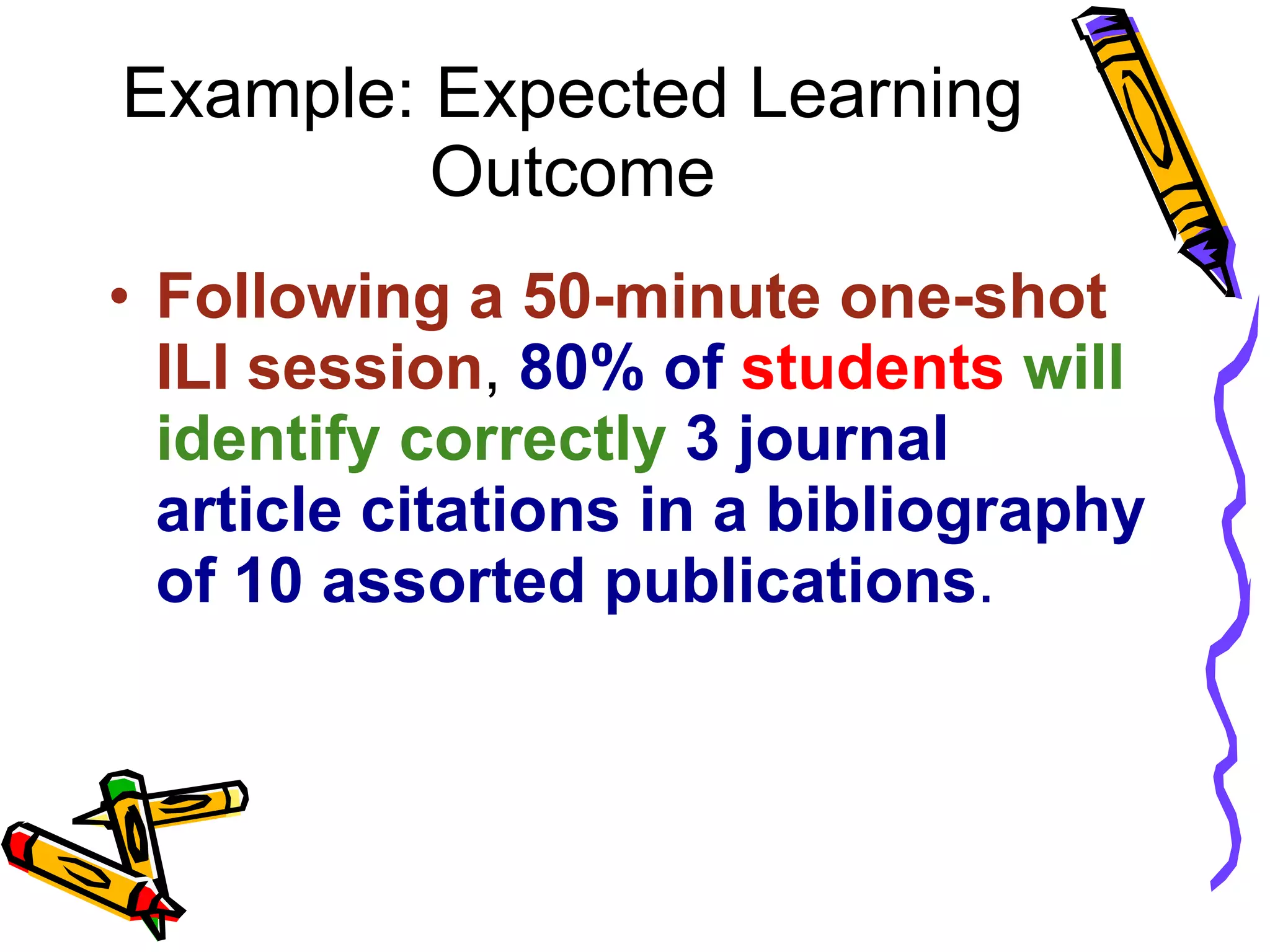 Example: Expected Learning Outcome Following a 50-minute one-shot ILI session ,  80%   of   students   will identify correctly  3 journal article citations   in a bibliography of 10 assorted publications .  
