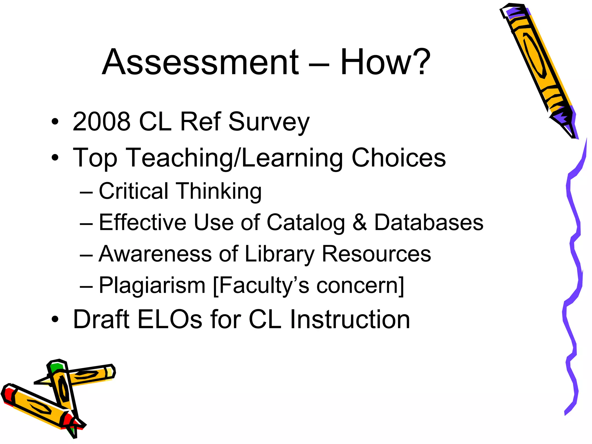 Assessment – How? 2008 CL Ref Survey Top Teaching/Learning Choices Critical Thinking Effective Use of Catalog & Databases Awareness of Library Resources Plagiarism [Faculty’s concern] Draft ELOs for CL Instruction 