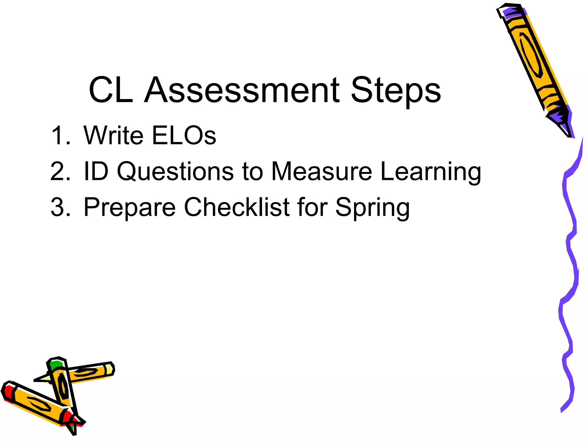 CL Assessment Steps Write ELOs ID Questions to Measure Learning Prepare Checklist for Spring 