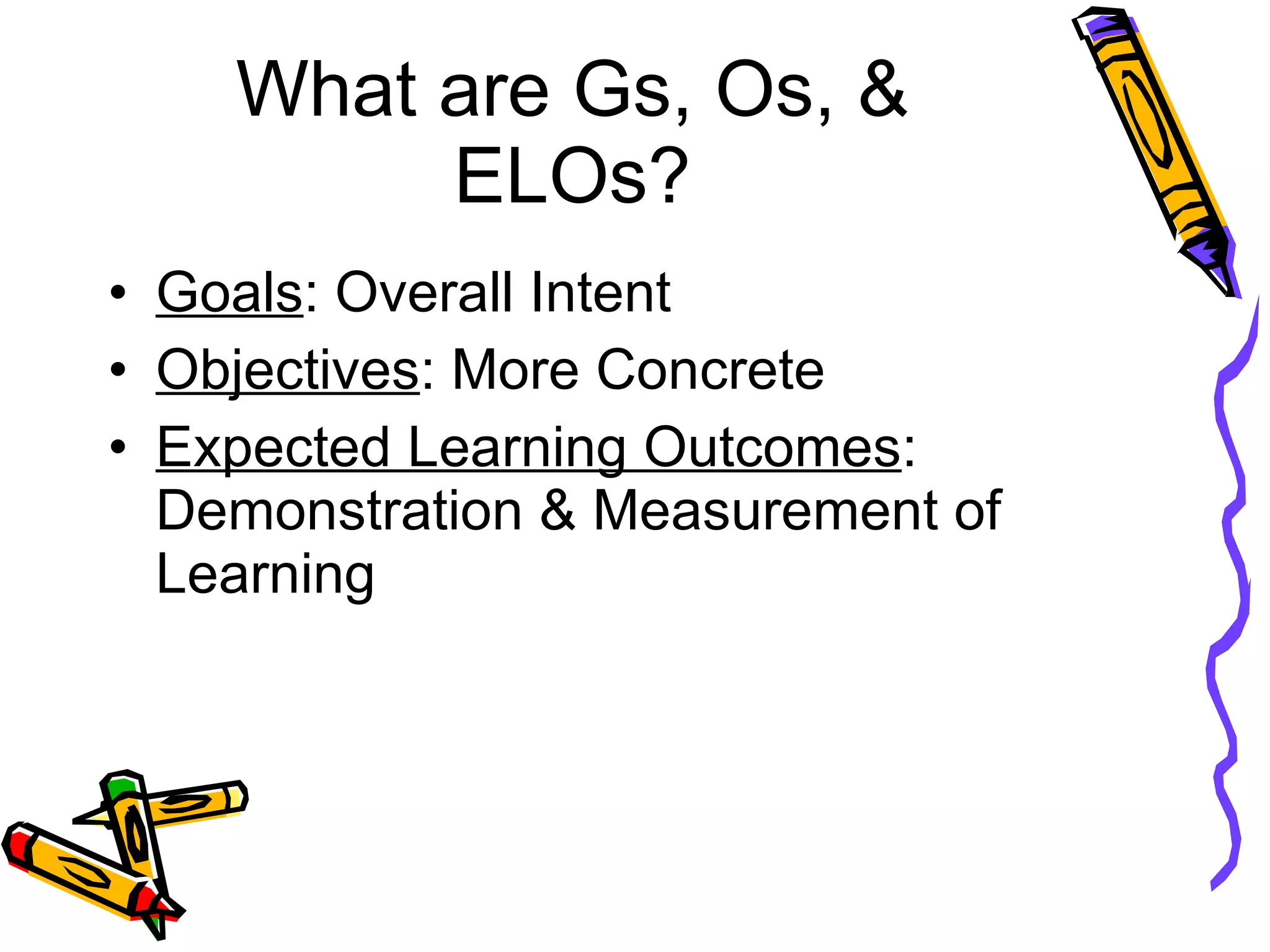 What are Gs, Os, & ELOs? Goals : Overall Intent Objectives : More Concrete Expected Learning Outcomes : Demonstration & Measurement of Learning 