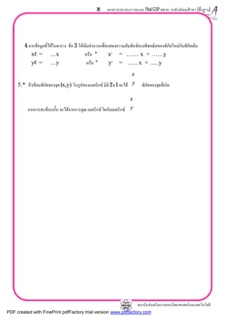 สถาบันสงเสริมการสอนวิทยาศาสตรและเทคโนโลยี
26 เอกสารประกอบการอบรม Thai GSP สสวท. ระดับมัธยมศึกษา (พื้นฐาน)
4. จากขอมูลที่ไดในตาราง ขอ 3 ใหเติมจํานวนเพื่อแสดงความสัมพันธทางพีชคณิตของพิกัดใหมกับพิกัดเดิม
x′ = …x หรือ * x′ = …… x + ……y
y′ = …y หรือ * y′ = ….. x + …..y
5.* ถาเขียนพิกัดของจุด (x,y) ในรูปของเมทริกซ มิติ 2 x 1 จะได พิกัดของจุดที่เกิด
จากการสะทอนนั้น จะไดจากการคูณ เมทริกซ ใดกับเมทริกซ






y
x






y
x
PDF created with FinePrint pdfFactory trial version www.pdffactory.com
 